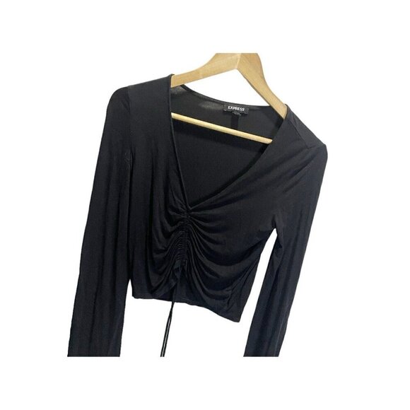 Express Shirt Womens XS Black Ruched Crop Minimalist Classiccore Long Sleeved - Picture 2 of 5
